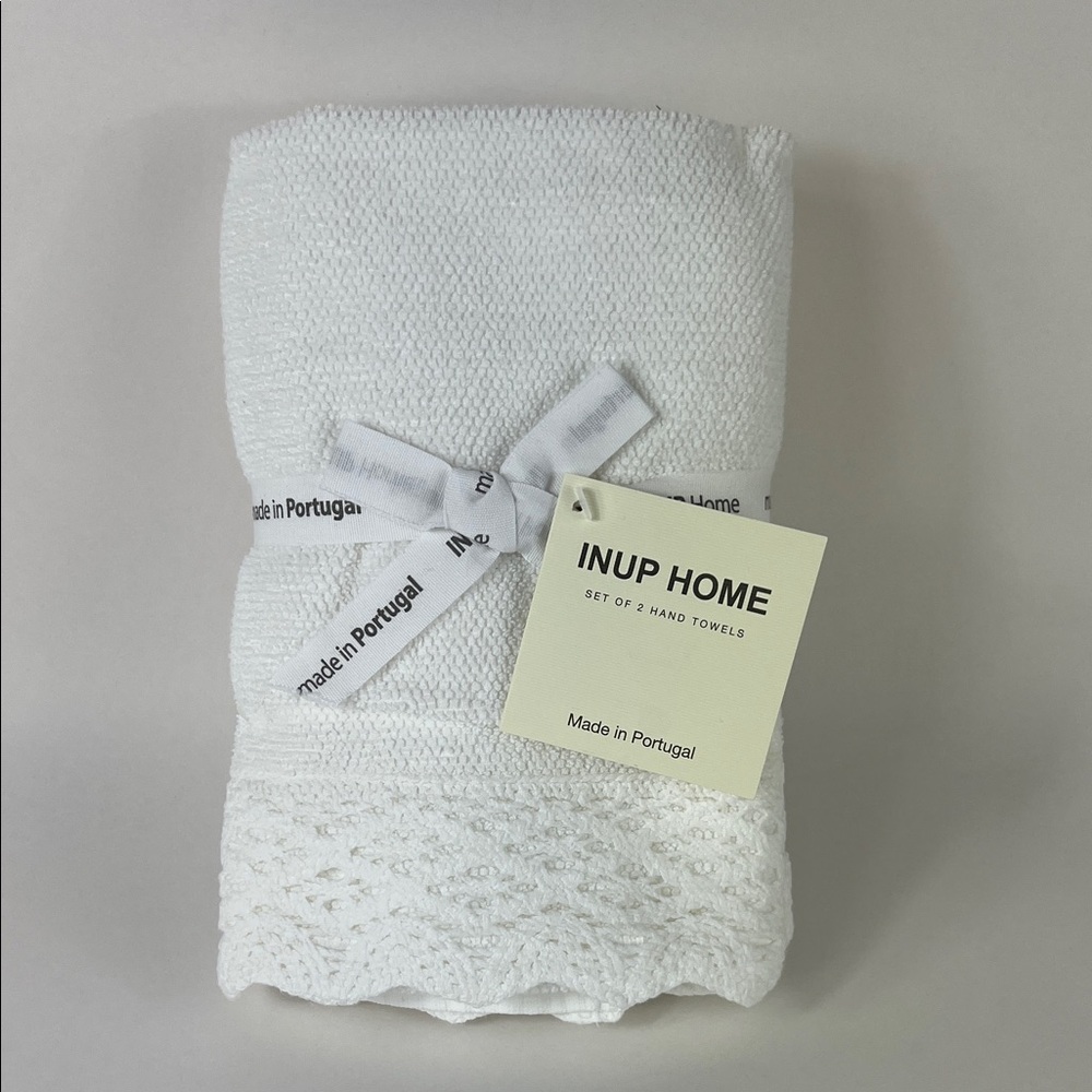 2pc INUP Bath Hand Towels Luxury White with Lace Edge 100% Cotton NEW